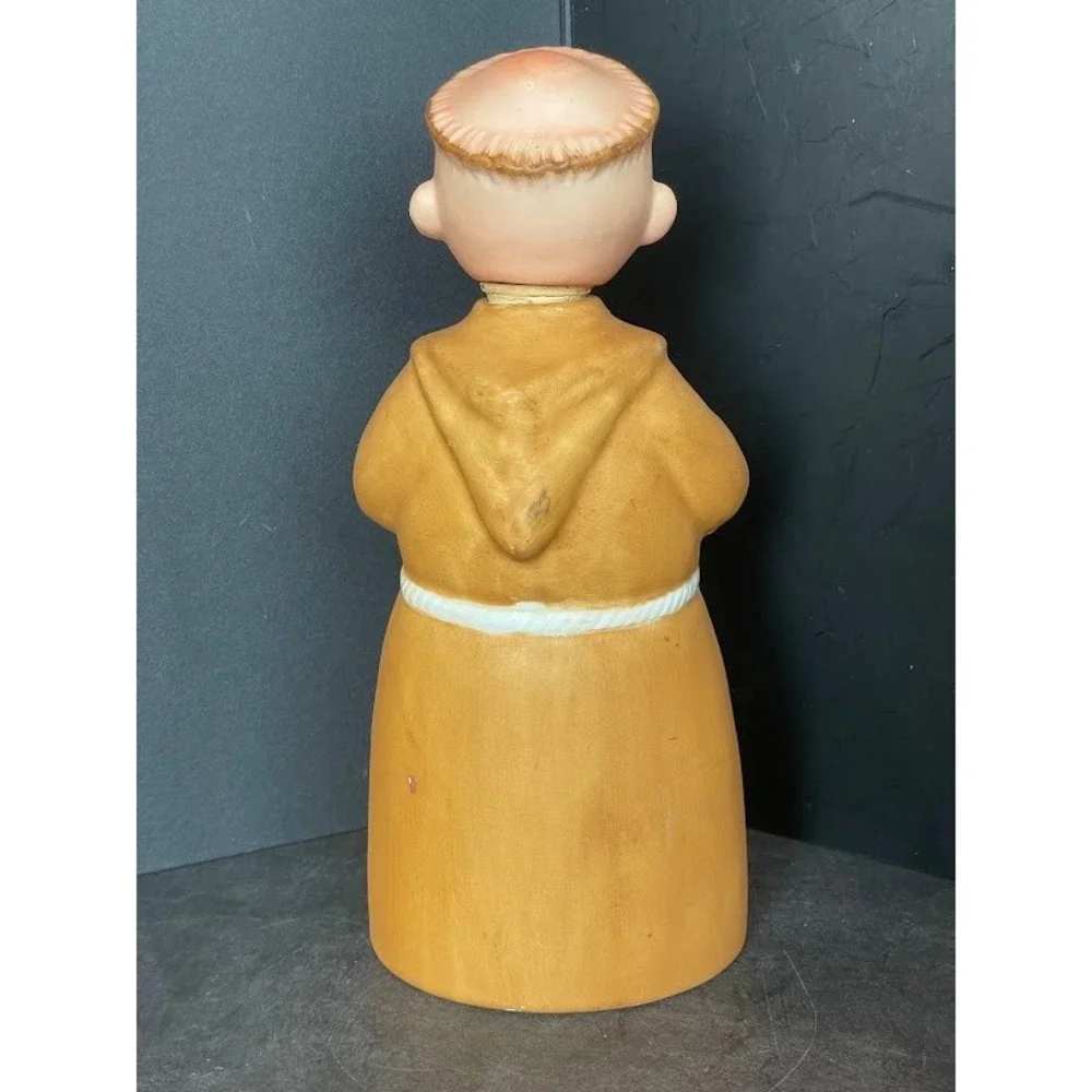 Vintage Praying Friar Monk Ceramic Decanter and 5 Shot Glass Mugs Set Tan